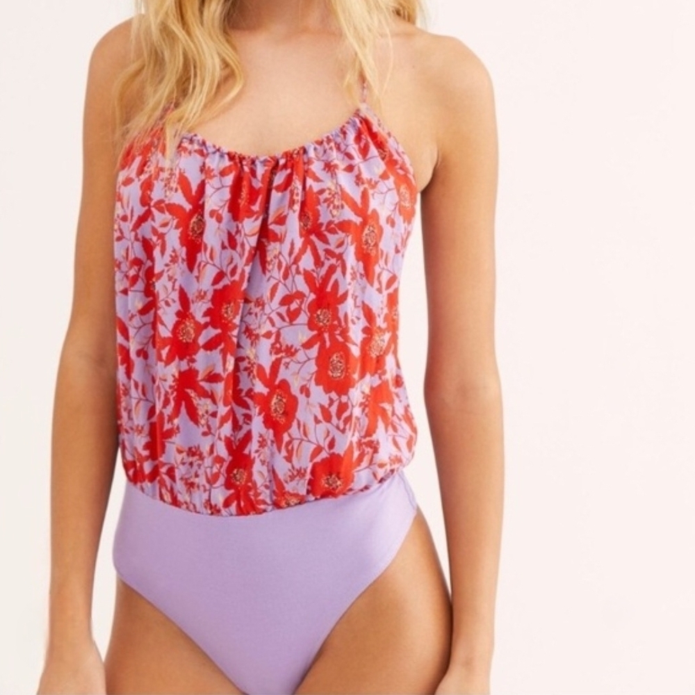 Free People Red and Purple Floral Women's Bodysuit